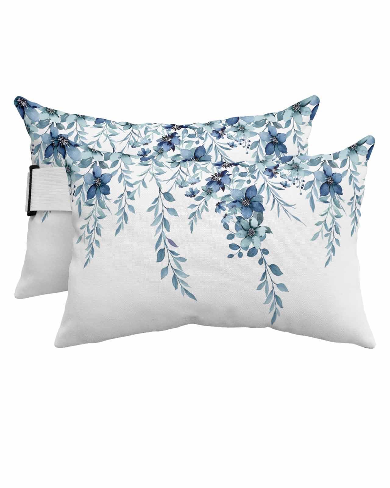 HERBED Outdoor Pillows Covers with Inserts Rustic Watercolor Flower Floral Plant Leaves Waterproof Pillow with Adjustable Strap Throw Pillows for Patio Furniture Pool Lounge Chair, 12x20 Inch, 2PCS