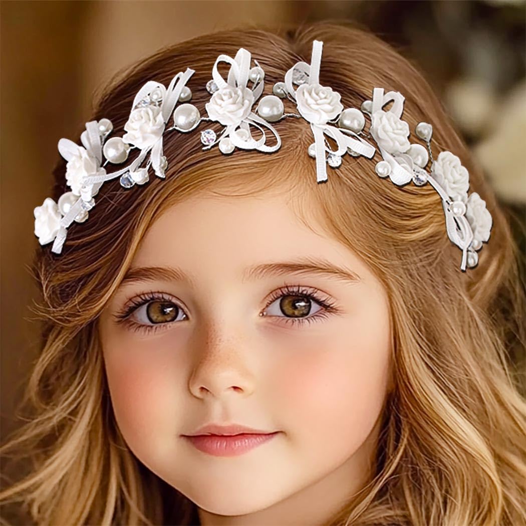 Campsis Flower Girls Headpiece White Bow Headband Pearl Communion Hair Accessory for Women and Girls