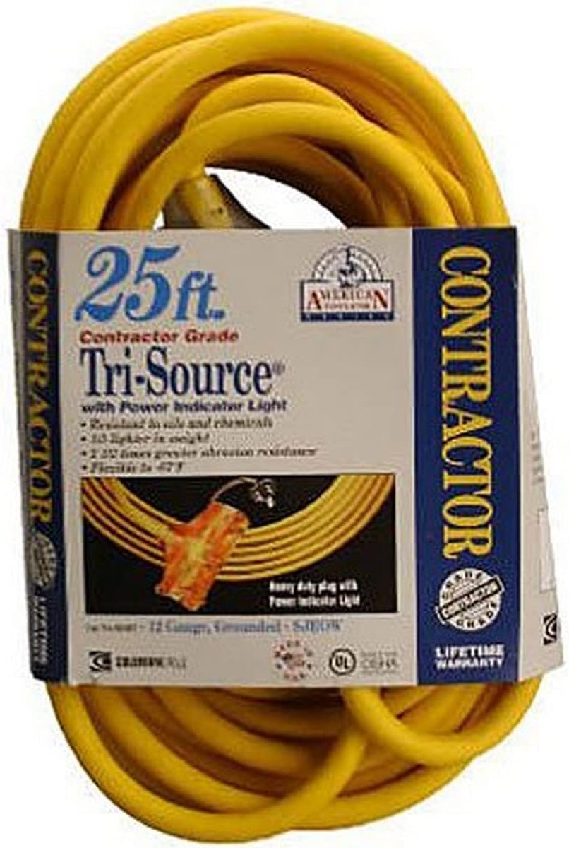Coleman Cable 03497 12/3-Wire Gauge Tri-Source SJEOW Outdoor Vinyl Extension Cord, 25-Feet