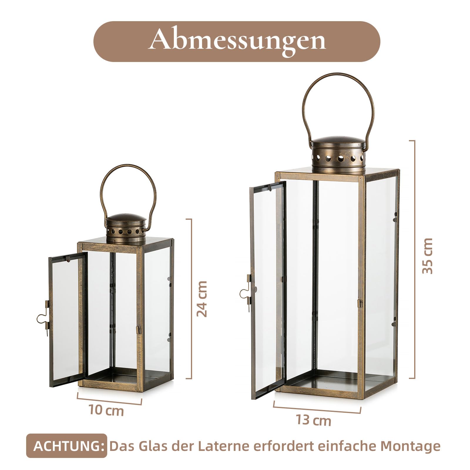 Lanterna decorativa in oro per esterni: set da 2 portacandele per balcone, giardino, altezza 24/35 cm