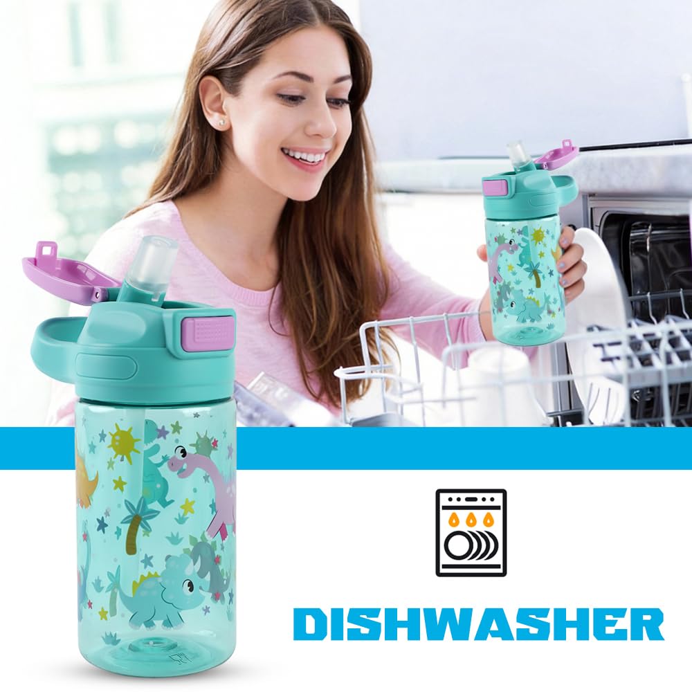 Botella Agua Niños, 400ml, Robusta, a Prueba de Fugas, Sin BPA, con Apertura de un Solo Toque, Fácil de Limpiar, con Pajita, Ideal para La Colegio y el Exterior (Dinosaurio)