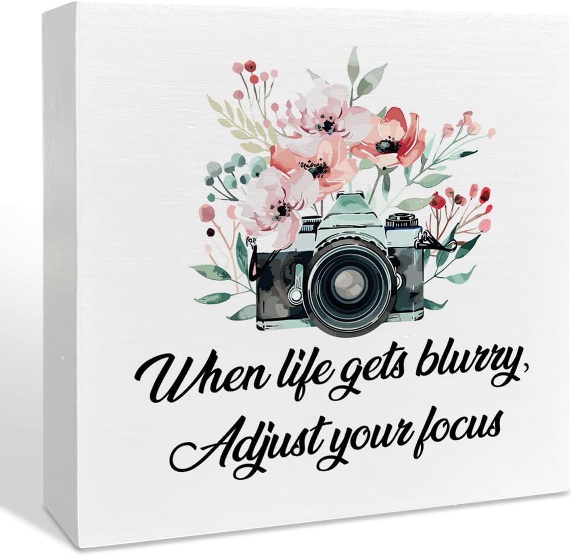 5x5 Inch Wooden Box Sign Camera Floral Quote Desk Decor