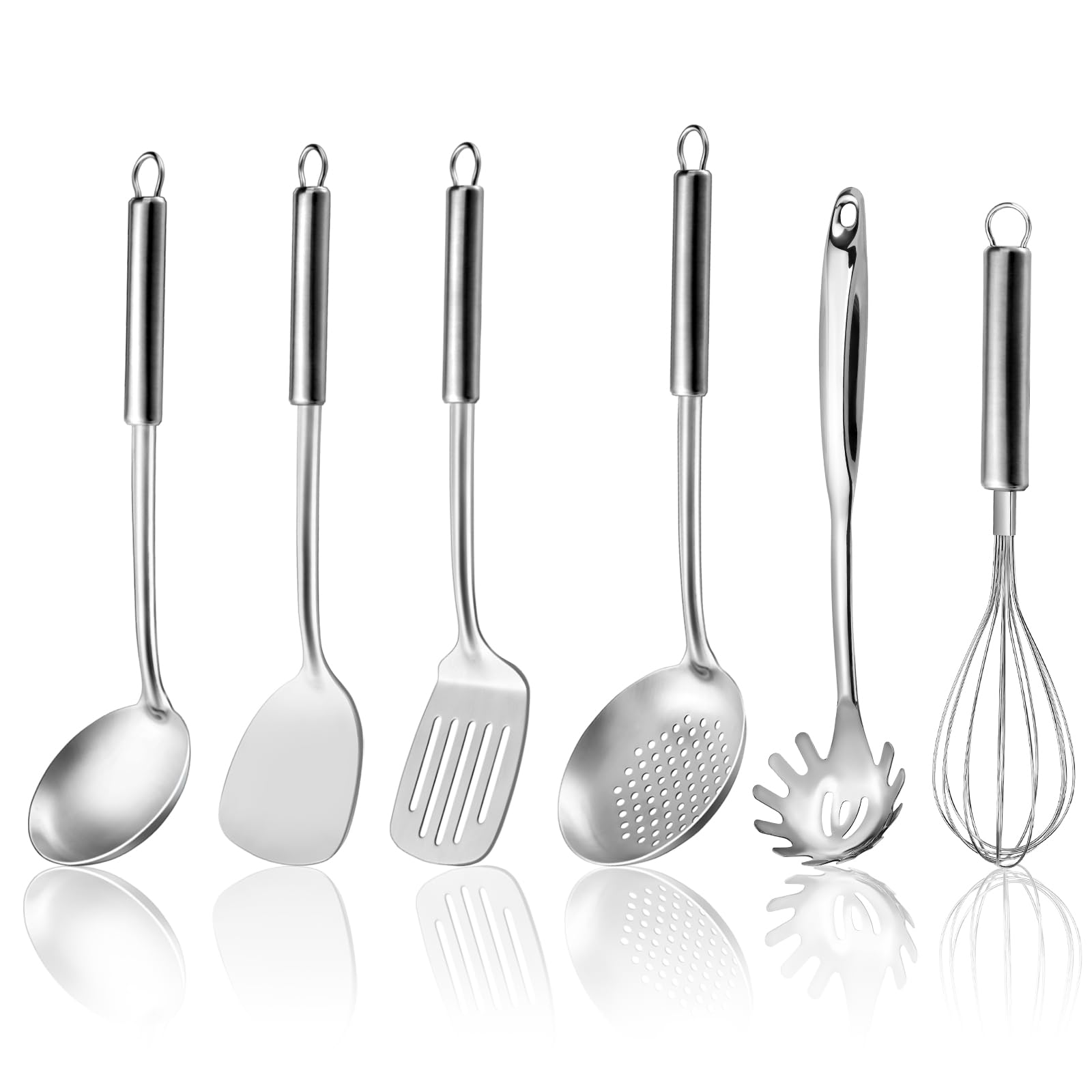 Edelstahl Kochutensilien Set 6-teiliges, kochlöffel mit aufhängbarer Griff, Spatel, Pfannenwender, Suppenkelle, Schaumlöffel, Schneebesen, Nudelserver