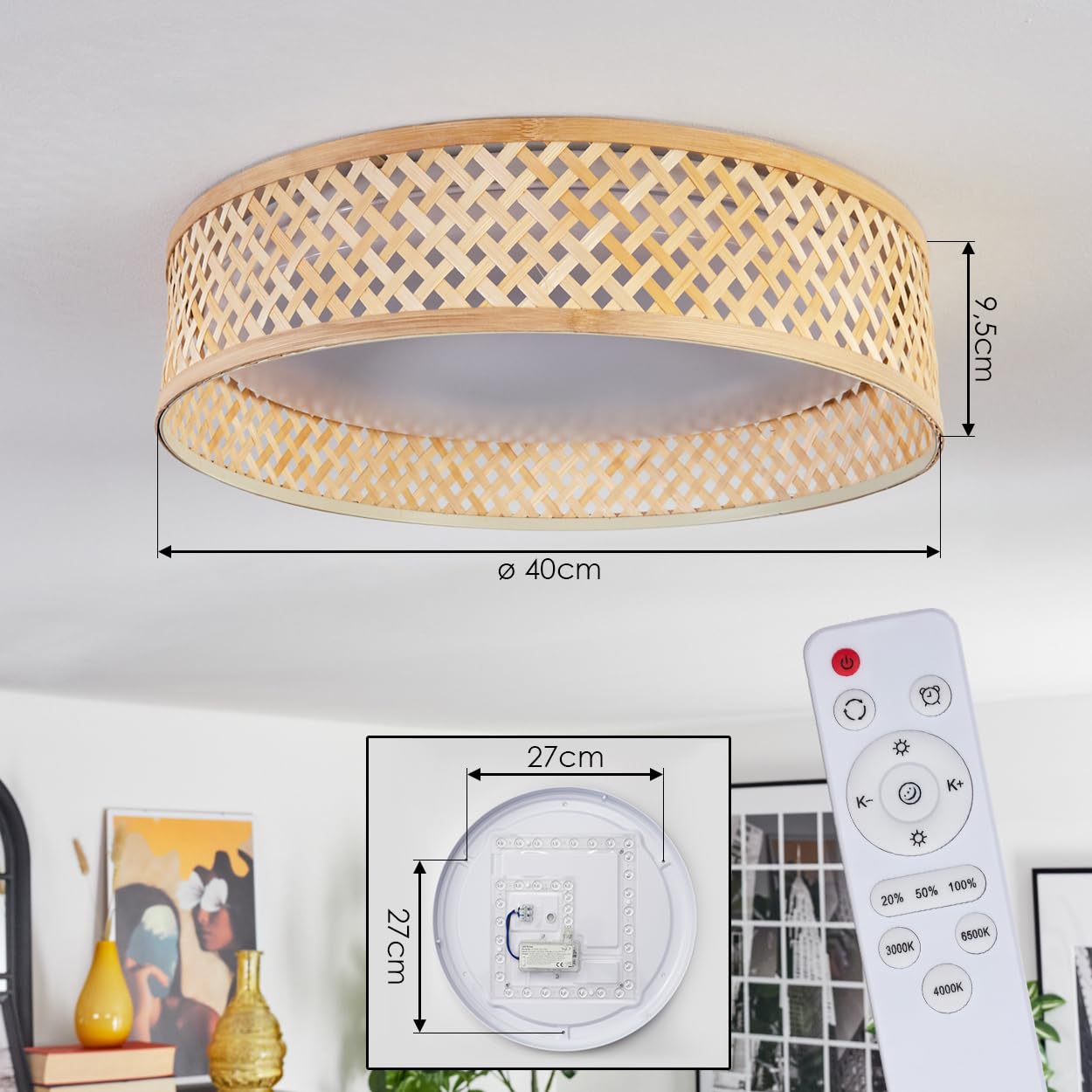 HOFSTEIN LED Deckenleuchte Barroco, dimmbare Deckenlampe aus Metall/Bambus/Kunststoff in Weiß/Natur, Boho-Leuchte mit Memory-Funktion, CCT einstellbar, Fernbedienung, 24 Watt, Wohnzimmer, Schlafzimmer