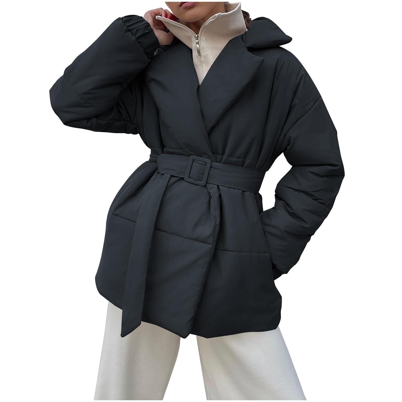 Piumino nero da donna lunghezza in vita | Cappotti leggeri da donna Uk Piumini invernali da donna alla moda a maniche lunghe aperto davanti piumini casual leggeri termici con cintura