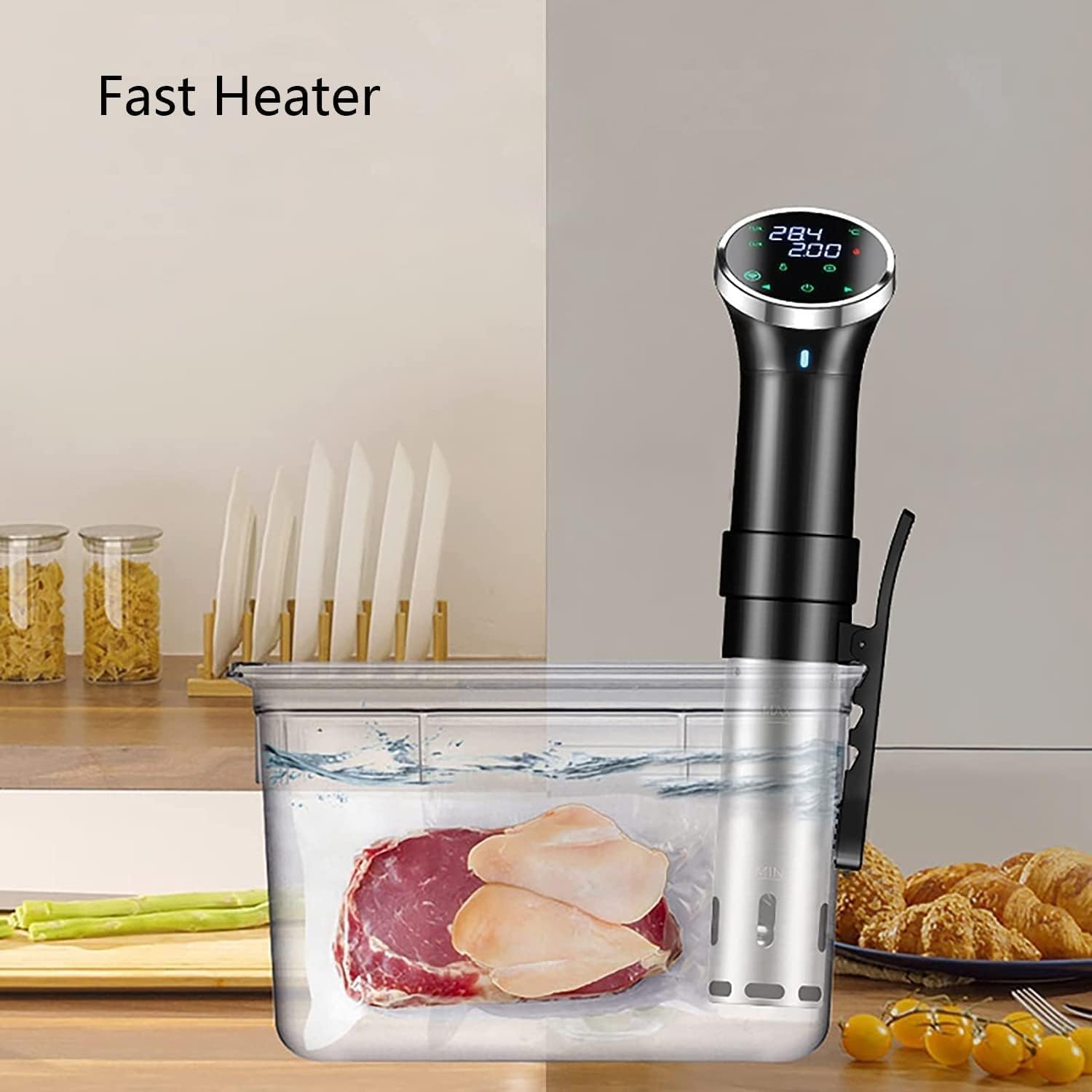 Sous Vide Cooker, 1100W Sous Vide Machine, Fast-Heating Immersion Circulator Precise Cooker with Big Touchscreen Accurate Temperature and Time Control, IPX7 Waterproof, Ultra Quiet Stainless St
