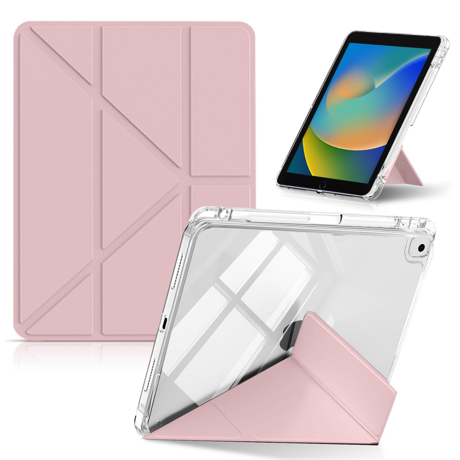 CeiLarv コンパチブル iPad 第9世代 10.2インチ 2021 / iPad 第8/7世代 10.2インチ 2020/2019 ケース 横置&縦置 スタンド機能 ペンシル収納 超スリム Y折り PUレザー+透明クリア 薄型 軽量 耐衝撃 保護 折りたたみ アイパッド 第9/8/7世代 カバー 対応 - ピンク