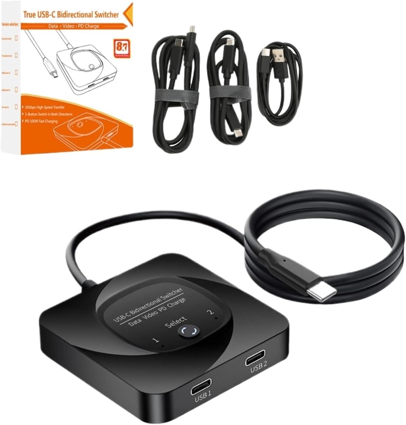 USB C Switcher, 1x2/2x1 USB3.1 Type C Switch Selector,8K 60Hz HD Data Transfer 100W Charging PD 100W
