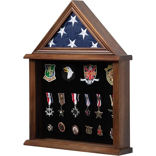Flag Display Case American Flag Solid Wood Display Case Fits a 3 X 5 Flag Folded Military Shadow Box with Felt Lining Holder for Certificate Pins Insignia Medals Walnut