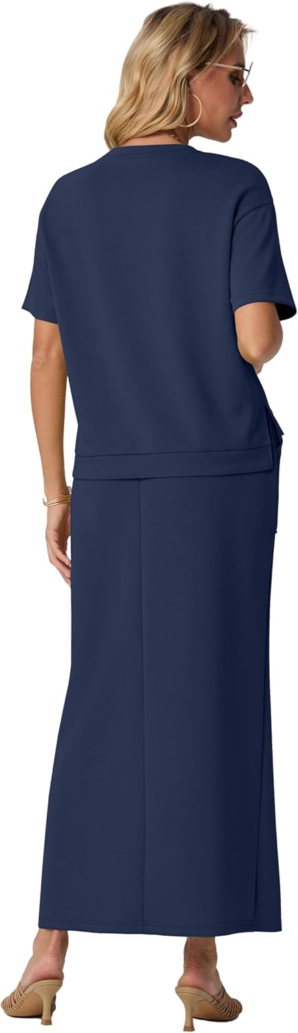 GRECERELLE Women Summer Casual 2 Piece Sets Crew-Neck Wrinkle-Free Top & Elastic Waist Maxi Front Slit Skirt with Pockets - Image 6