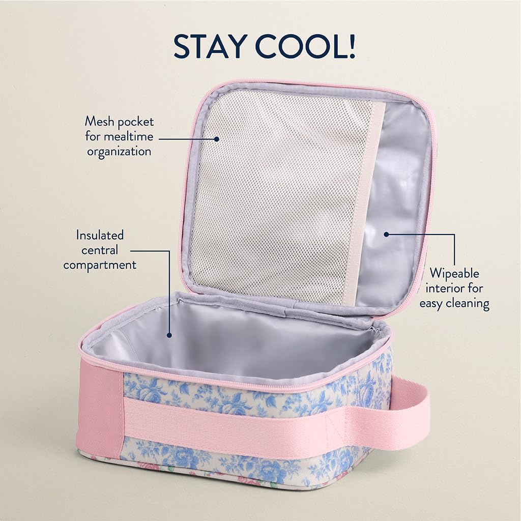 Itzy Ritzy Boîte à déjeuner pour enfant – Le sac à déjeuner pour enfants est isotherme et comprend un porte-bouteille d'eau plus 2 poches – Durable, facile à nettoyer (rubans et roses)