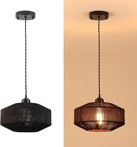 Miniatura 7 de Lámpara colgante tejida de color negro bohemio y moderno, con una sola luz, ajustable, rústica, cuerda de cáñamo, iluminación colgante para cocina,
