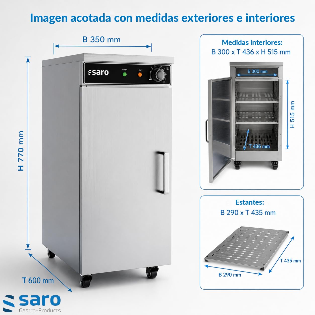 SARO TW 60 Armario calientaplatos, 60 platos de 29 cm Ø, acero inoxidable, 3 compartimentos, ruedas con freno, temperatura +35 a +85 °C