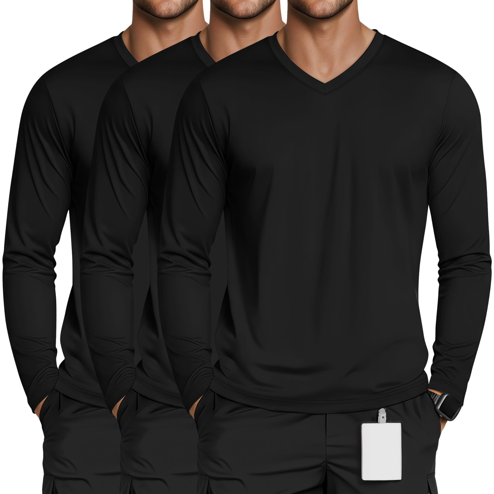 3 Pack Mens Long Sleeve Underscrub Nurse V Neck Scrub Undershirts Fitted Base Layer Tees for Medical Uniforms