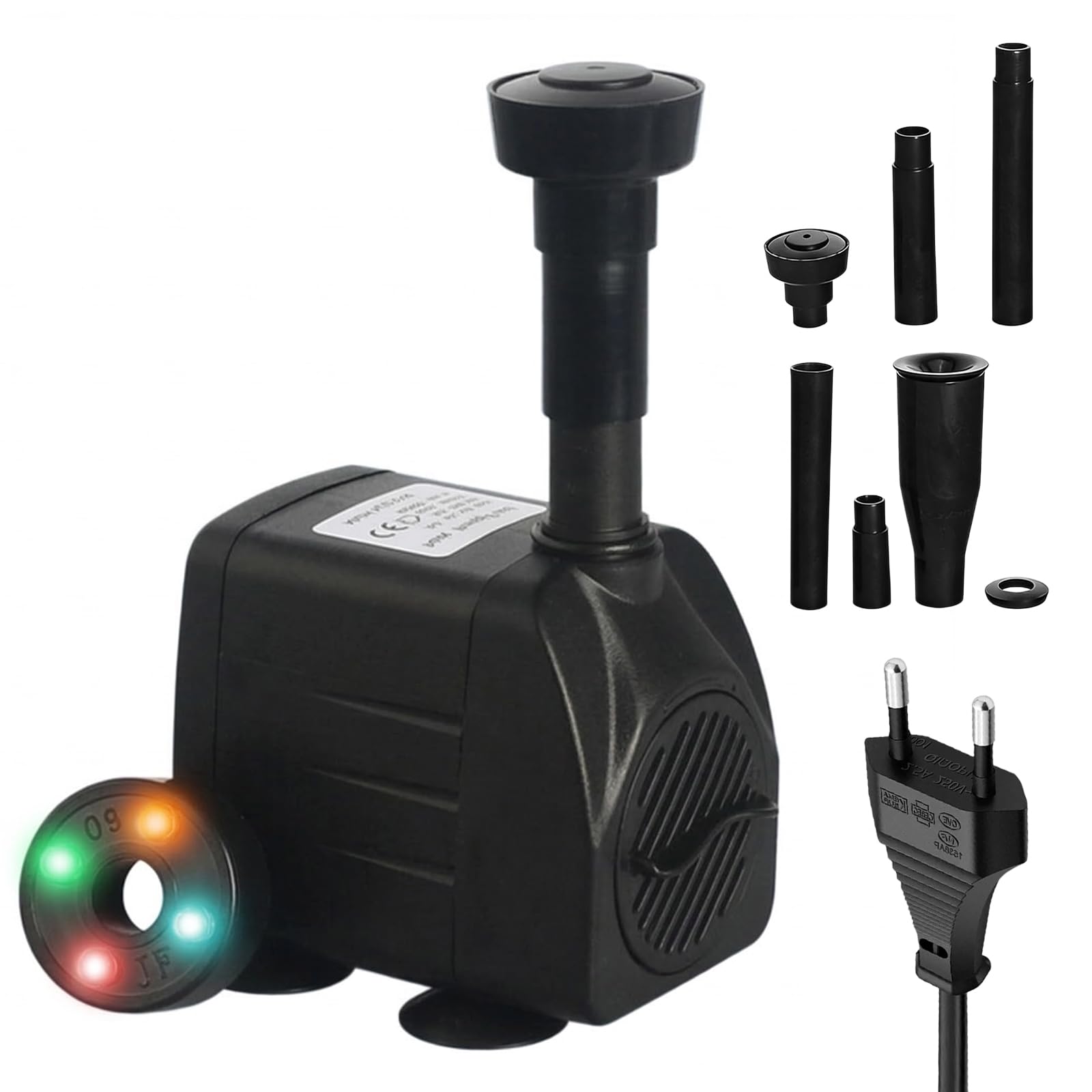Pompe de fontaine extérieure 600 L/h 15 W 220 V, pompe de bassin 3 en 1 avec 4 LED, pompe de jardin pour fontaine, pompe pour jeux d'eau, pompe de ruisseau pour fontaine de jardins, bassins, puits