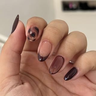 CUZIAM Brown Press on Nails Short Almond-Soft Gel Dark Brown French Tip Fake False Nails with Tortoiseshell Leopard Ombre Animal Print Designs,Full Cover Stick on Nail with Glue for Women,24PCS