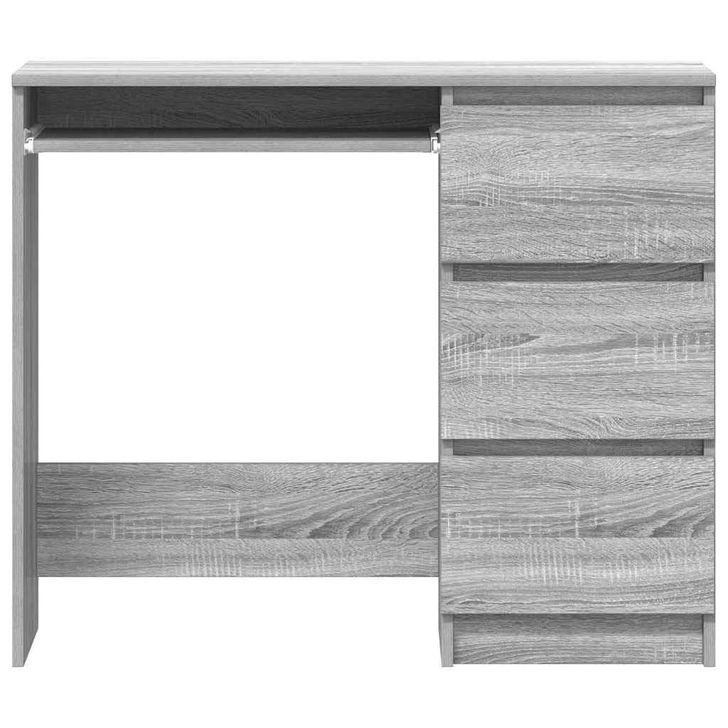 Scrivania con 3 cassetti, grigio Sonoma, scrivania per computer, 90 x 45 x 76 cm, tavolo da ufficio compatto in legno per home office, robusto tavolo da lavoro per laptop