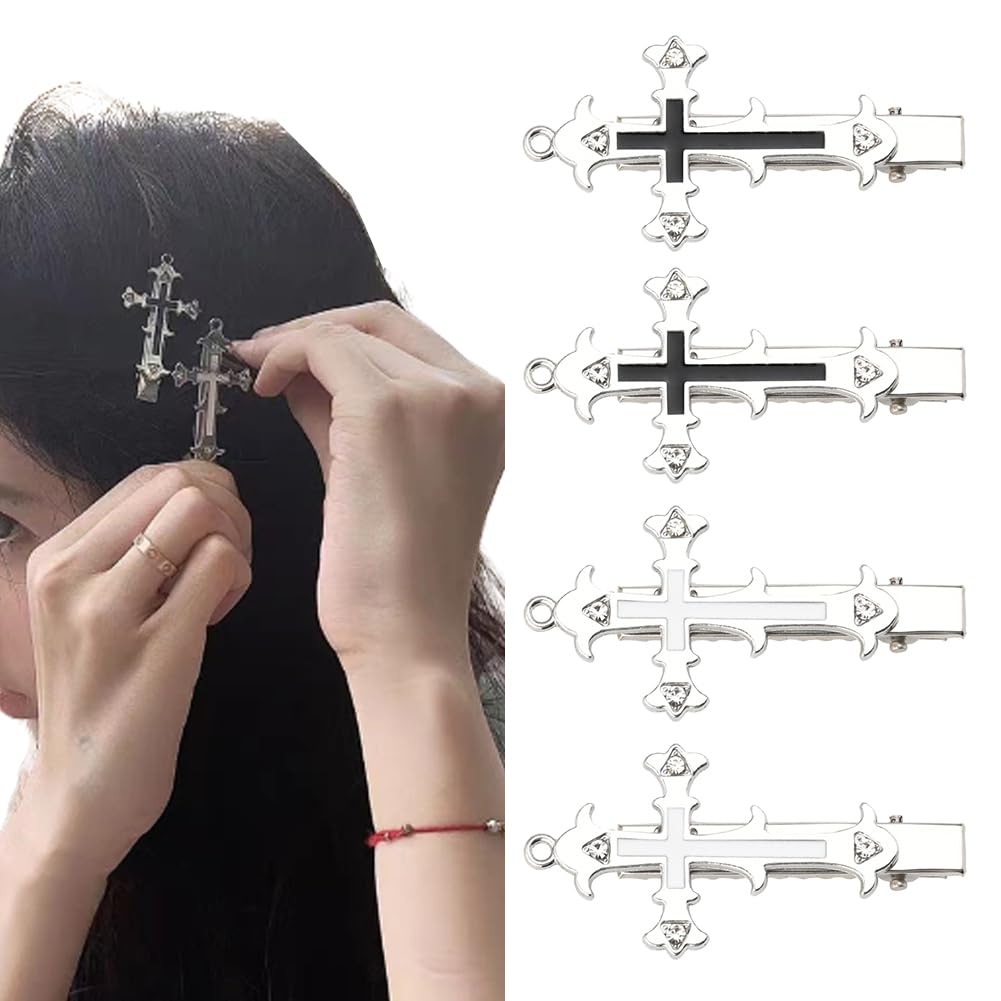 Cross Hair Clips Halloween Goth Hair Accessories for Women Girls Metal Y2K Gothic Cross Barrettes Hairpins Alligator Clips Set of 4 Cool Halloween Hair Decorations Vampire Costumes Accessory