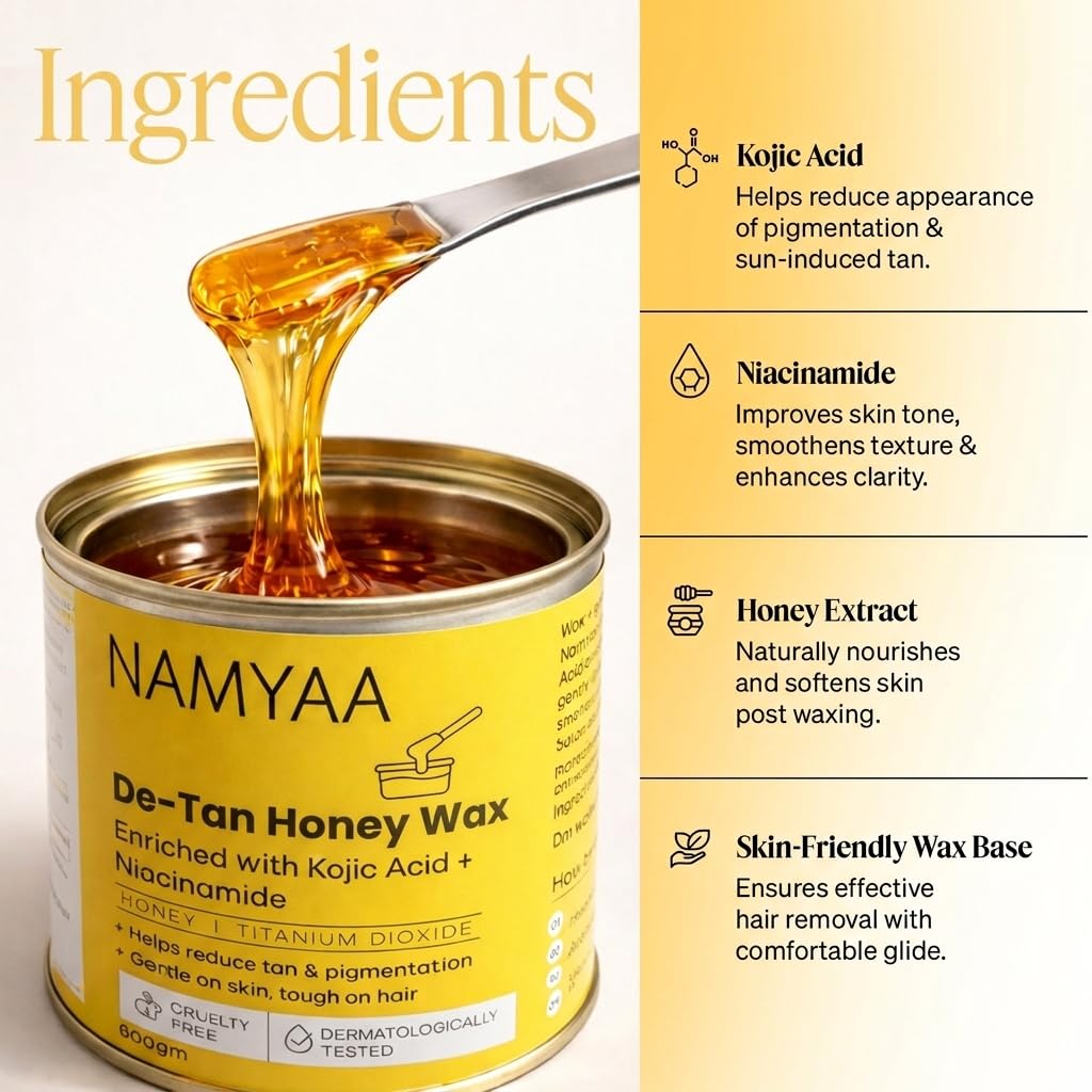 Namyaa De-Tan Honey Wax 600g with Knife & Strips | Brightening Tan Removal Wax for Legs, Arms, Underarms & Body | Honey Based 2