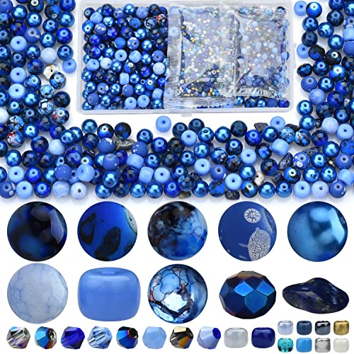 Image of Beads for Bracelet Making Kit, Sapphire Blue Color Include 8mm Assorted Round Glass Beads, 4mm Bicone Crystal Beads, 3-4mm Seed Beads for Jewelry Making, DIY Craft