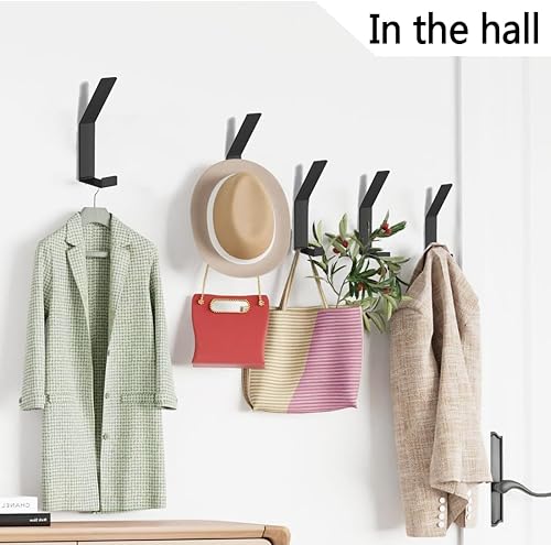 Miniatura 6 de Yutigo Ganchos de pared para colgar abrigos, 5 ganchos de pared resistentes de metal negro para colgar abrigos, mochilas, sombreros, chaquetas,