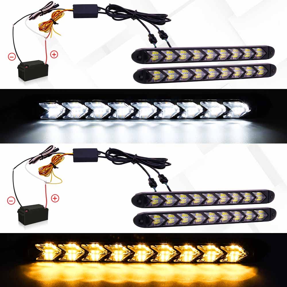 Biqing 2PCS 12V LED Feux de Jour, 9 Fèches LED Clignotant Clignotant Bicolore Ambre Blanc Voiture Bande Lumières Phare DRL