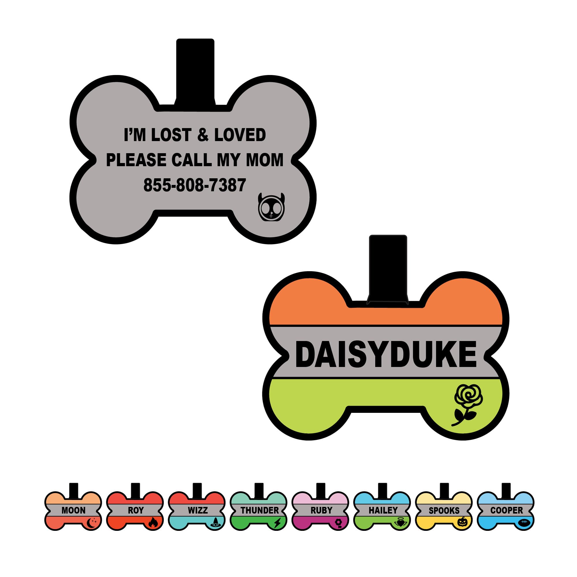 Silent Dog Tag Personalized with 5 Lines of Custom Deep Engraved Durable Soundless Silicone Pet ID Name Tag Bone Design OrangeGreen