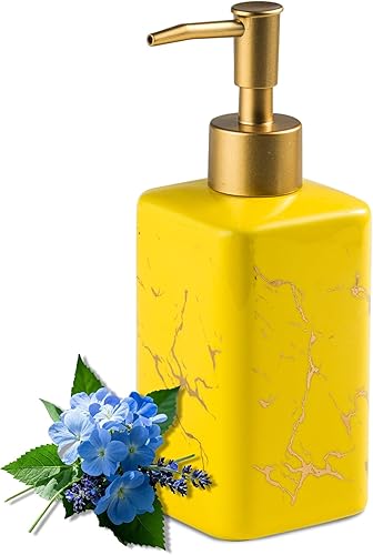 Miniatura 8 de Dispensador de jabón dorado para encimera de baño, botella dispensadora de jabón cuadrado blanco con rayas doradas para fregadero de cocina, loción