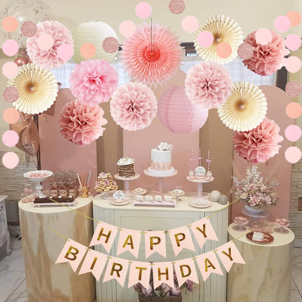 Blush Pink Birthday Decorations Girl Dusty Pink Beige Birthday Decorations Paper Pom Poms Fans Paper Lanterns Neutral Western Party Decor - Image 6