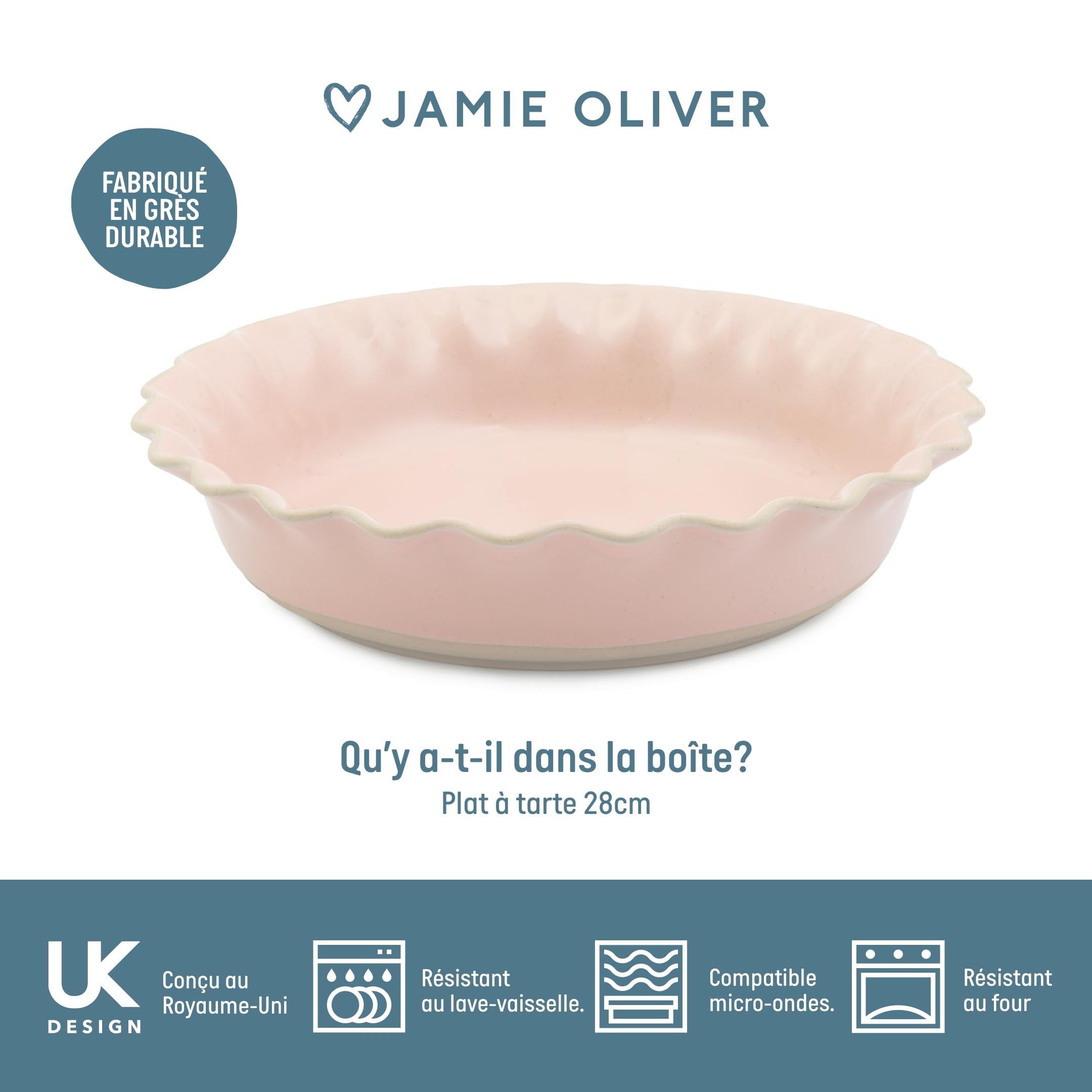 Jamie Oliver Big Love Plat à Tarte, Rose, Rond, Grès Moucheté avec Bords Ondulés, pour Four et Table, Compatible Lave-vaisselle et Micro-ondes, 28x6 cm