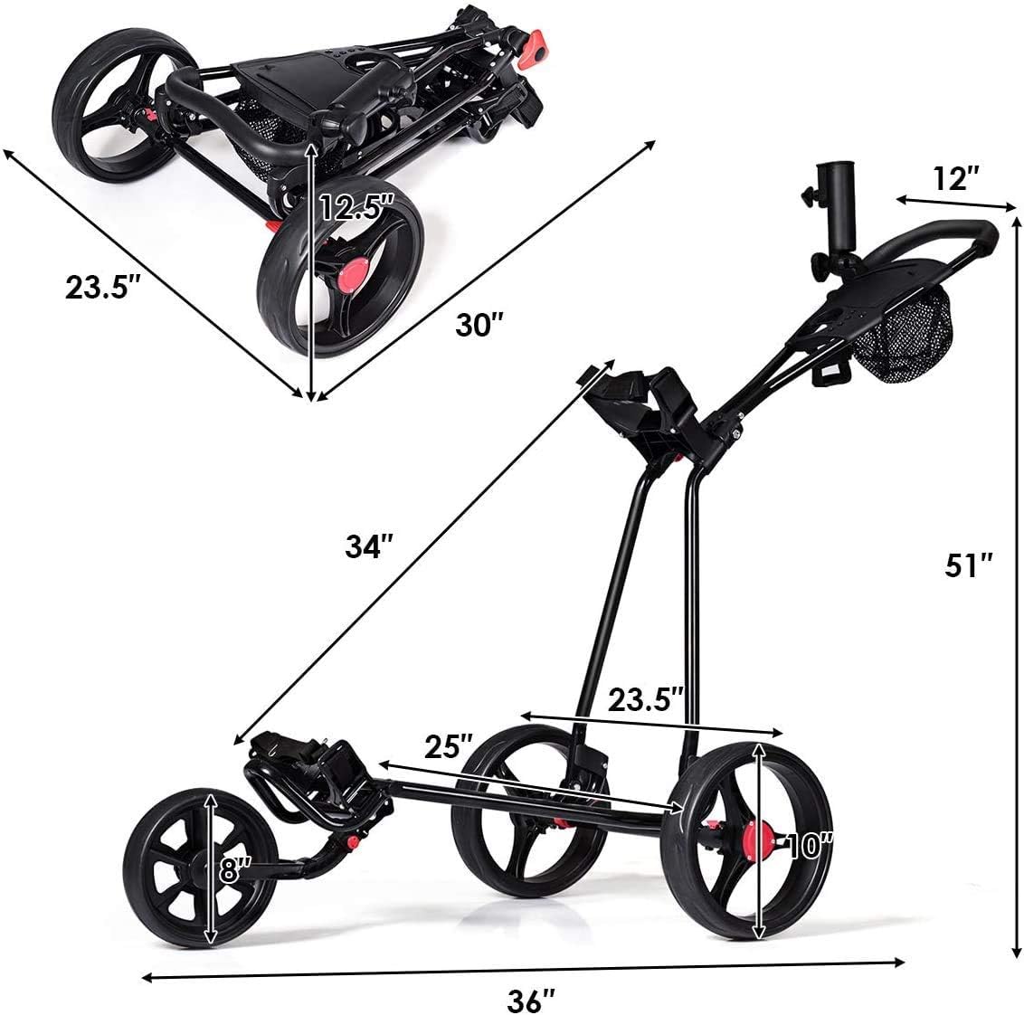 Golf Trolley 3 Wheel Golf Push Cart, Golf Pull Cart with Hand Brake,Golf Push Carts 3 Wheel Folding,Suitable for Any Golf Bag, Golf Accessories in The Golf Gift