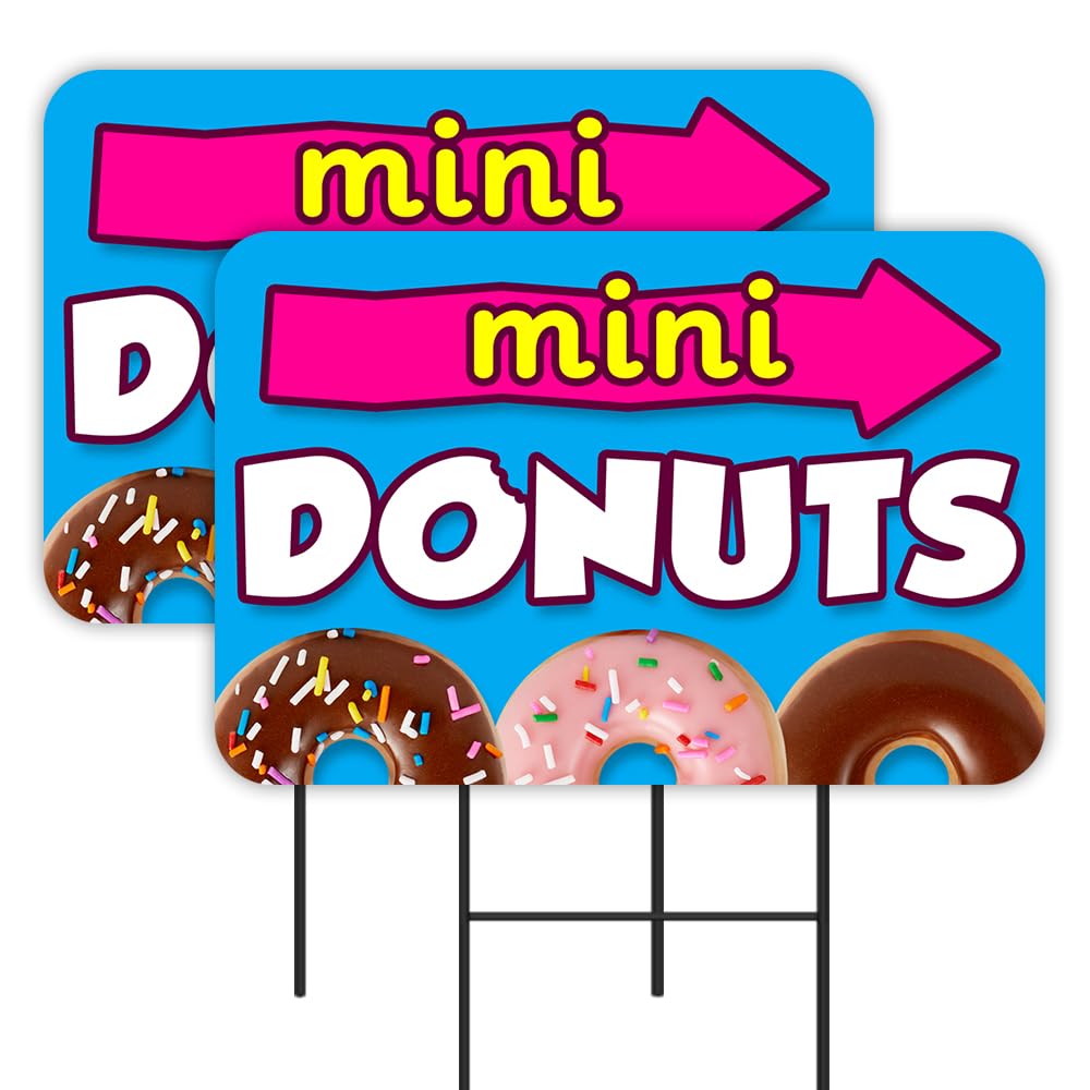 Mini Donuts 2 Pack Yard Signs 16" x 24" - Double-Sided Print, with Metal Stakes Made in the USA