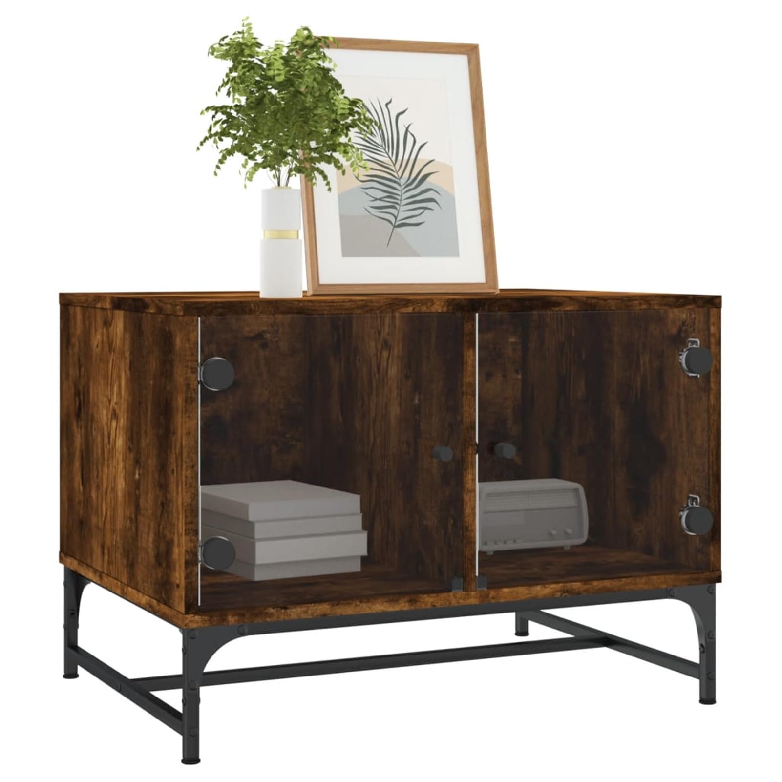 Homgoday Tavolino da caffè con ante in vetro rovere fumé 68,5 x 50 x 50 cm, tavolino da tè per soggiorno, sala d'accoglienza degli ospiti, camera da letto e ufficio