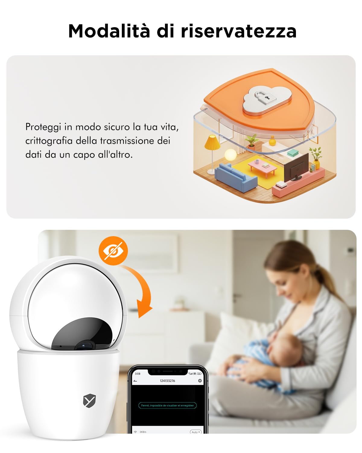 YESKANO 2 pezzi 2K Camera interna WiFi 2.4G/5G - 360° PTZ - Rilevamento PIR e monitoraggio auto, modalità privata e visione notturna, audio bidirezionale e sirena, compatibile con Alexa per umana
