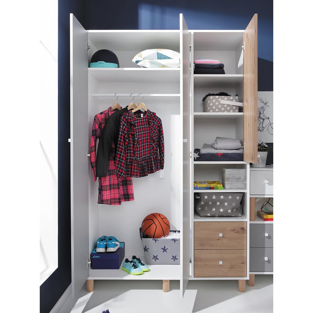 Lomadox Jugendzimmer Set 2-teilig mit 1 Kleiderschrank, 1 Kommode in weiß mit Eiche und grau