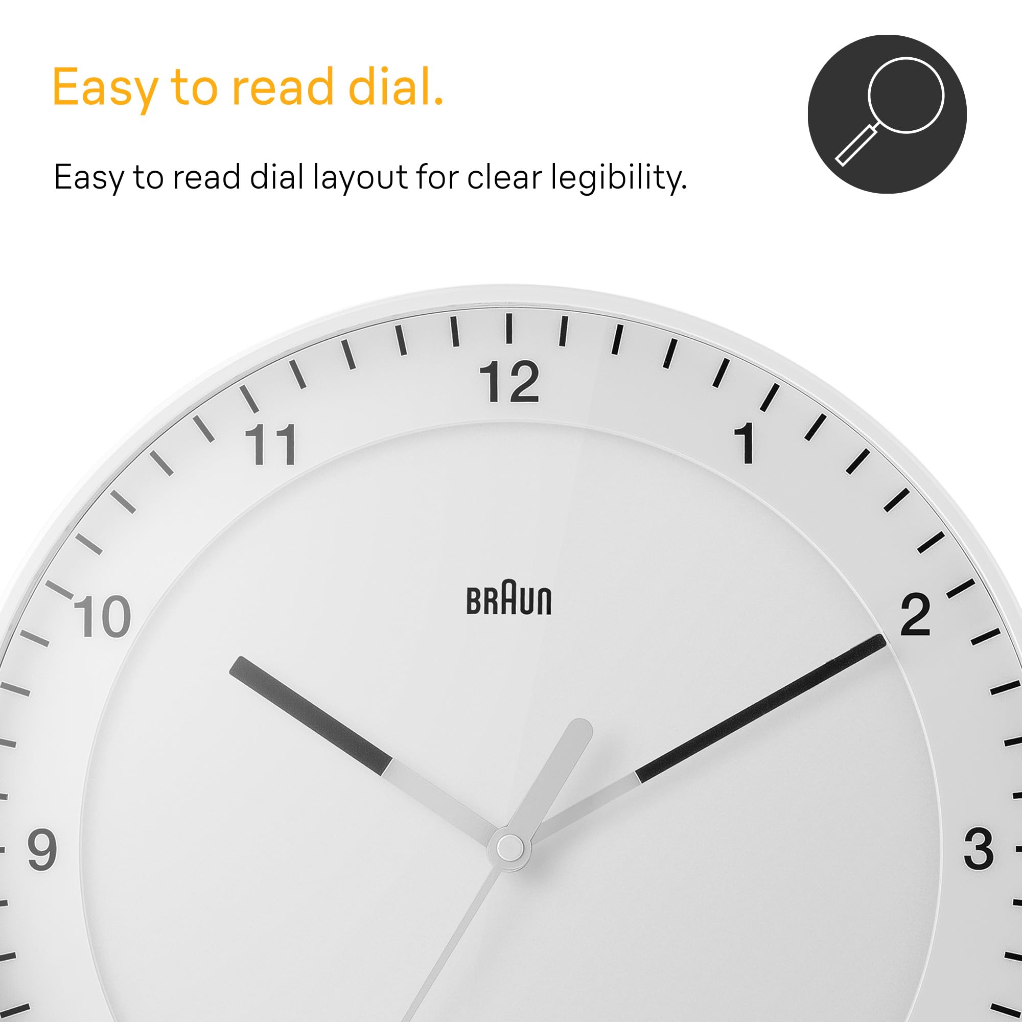 Braun Classic Large Analogue Wall Clock with Silent Sweep Movement, Easy To Read, 30cm Diameter in White, model BC17W.