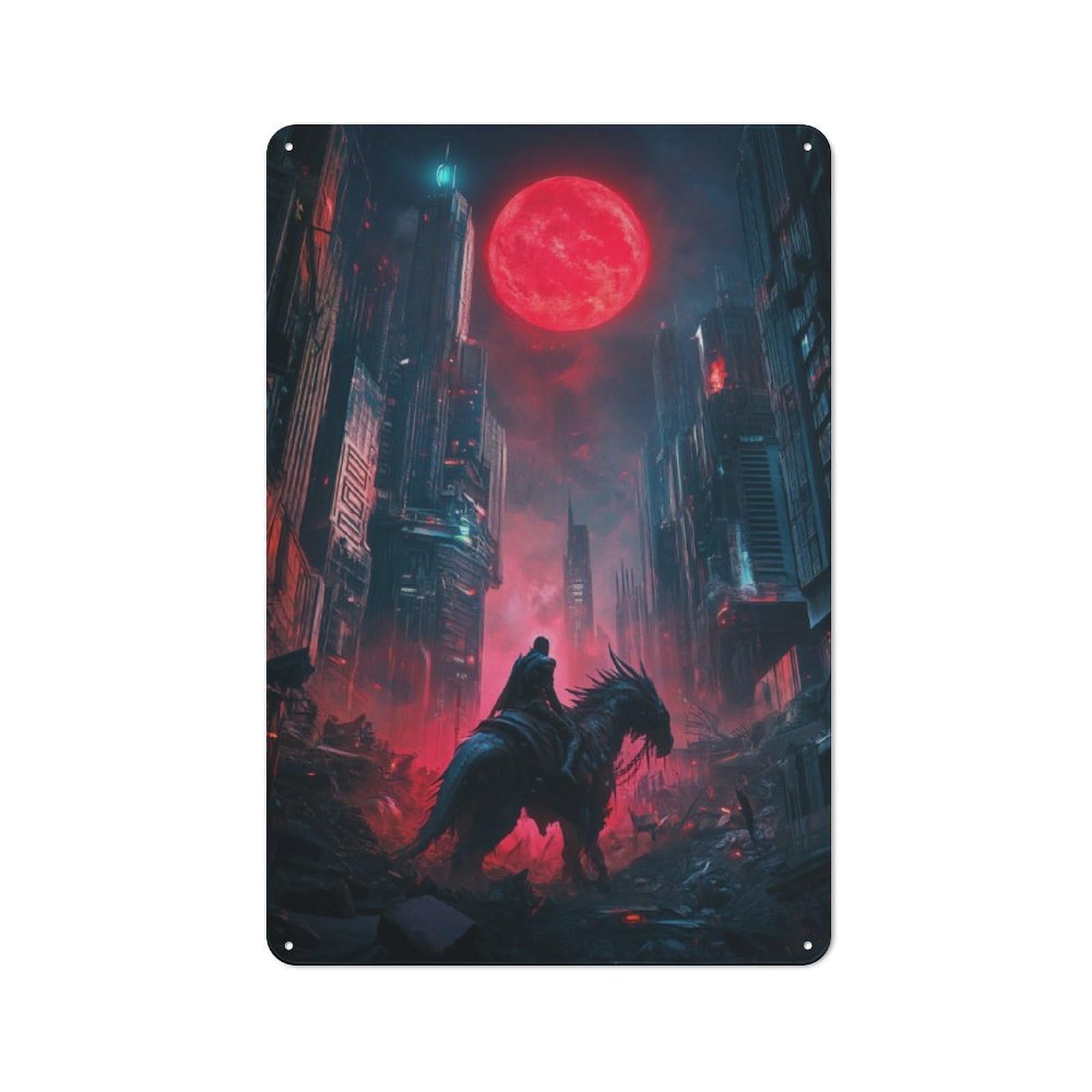 Junmoney Dragon Rider In Cityscape Retro-Style Metal Plaque 30X20cm For Garage Or Workshop, For Garage, Workshop And Man Cave Decoration