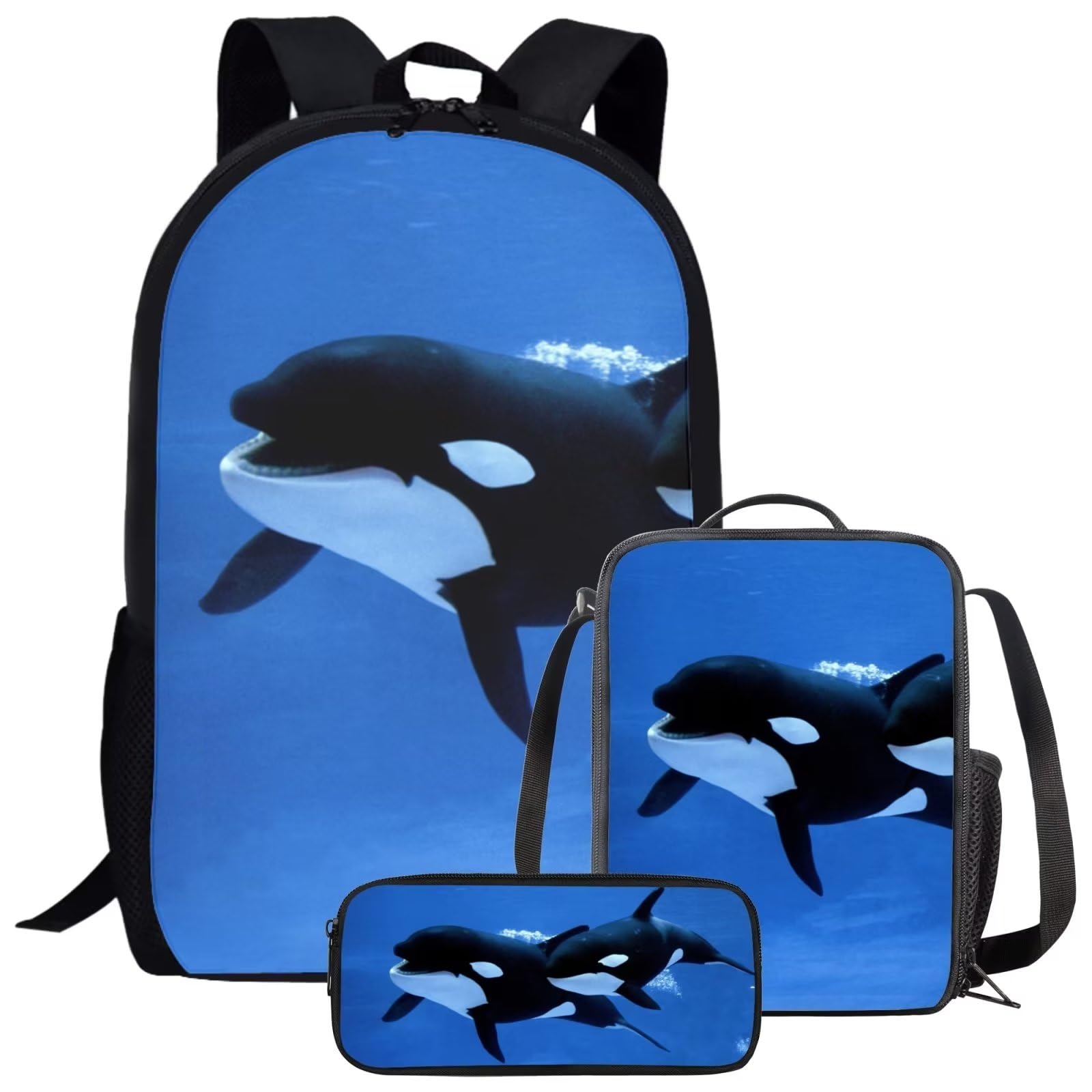 Parprinty Kids Novelty Animal Backpack and Lunch Box for Boys Girls Student Lightweight 17 Inch School Blue Killer Whale Orca Backpack with Lunch Bag