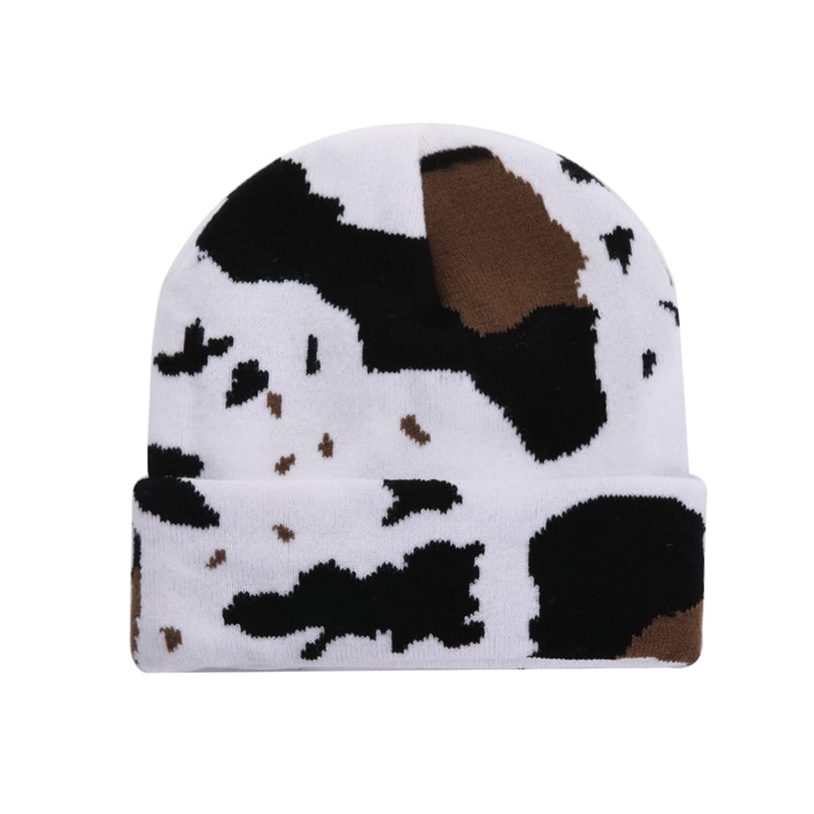 HAOOIEUnisex Cow Print Beanie with Fleece Lining Winter Warm Knitted Hat for Women Men Soft Cuffed Skull Cap