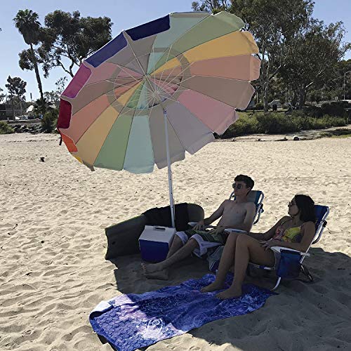 EasyGo 8 Foot Heavy Duty HIGH Wind Beach Umbrella - Giant 8' Beach Umbrella with Sand Anchor & Carrying Bag -Sturdy Pole and Thicker Fiberglass Ribs for High Wind Resistance