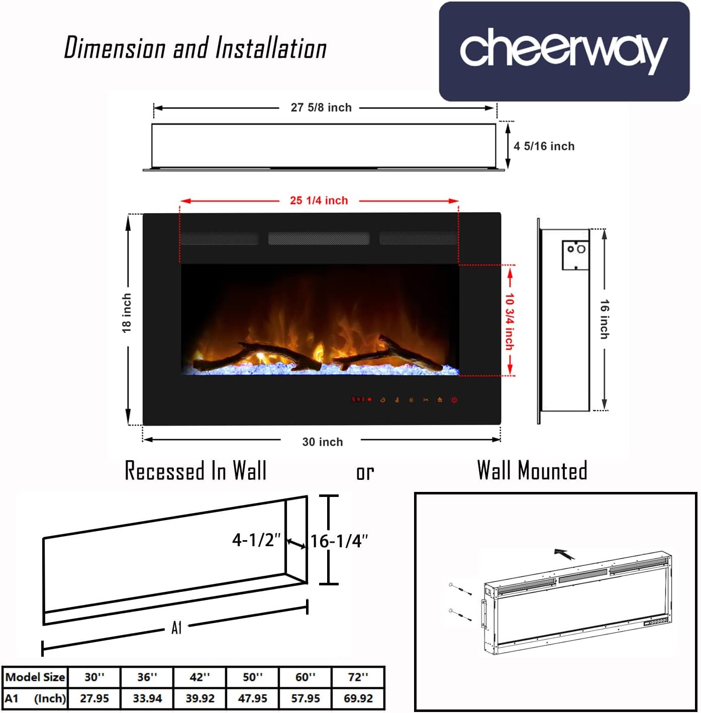 Buy Cheerway 30 Inch Electric Fireplace, Recessed Fireplace Insert and Wall Mount Fireplace