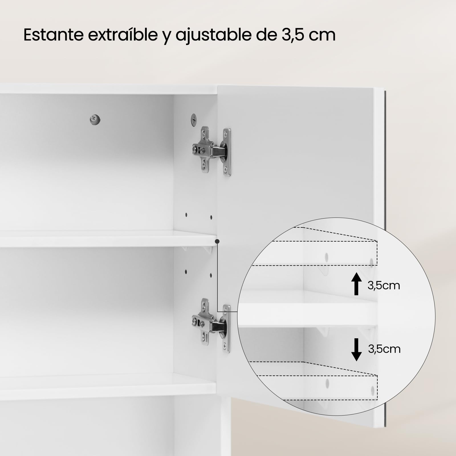 EUGAD Armario Baño de Pared, Mueble Baño con Espejo, Armario Colgar de Baño con Puerta y Estante Ajustable, 4 Compartimentos Interiores y 1 Abierto, MDF, Blanco