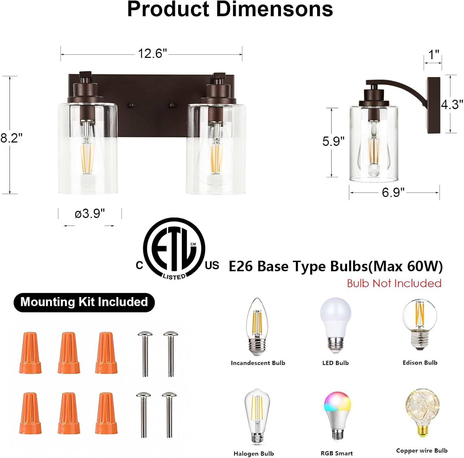 ALAISLYC 2-Light Bathroom Light Fixtures Modern ORB Vanity Lights for Bathroom Lighting Fixtures Over Mirror with Clear Glass Shade for Cabinet Mirror Bedroom Hallway Bronze 2 Lights