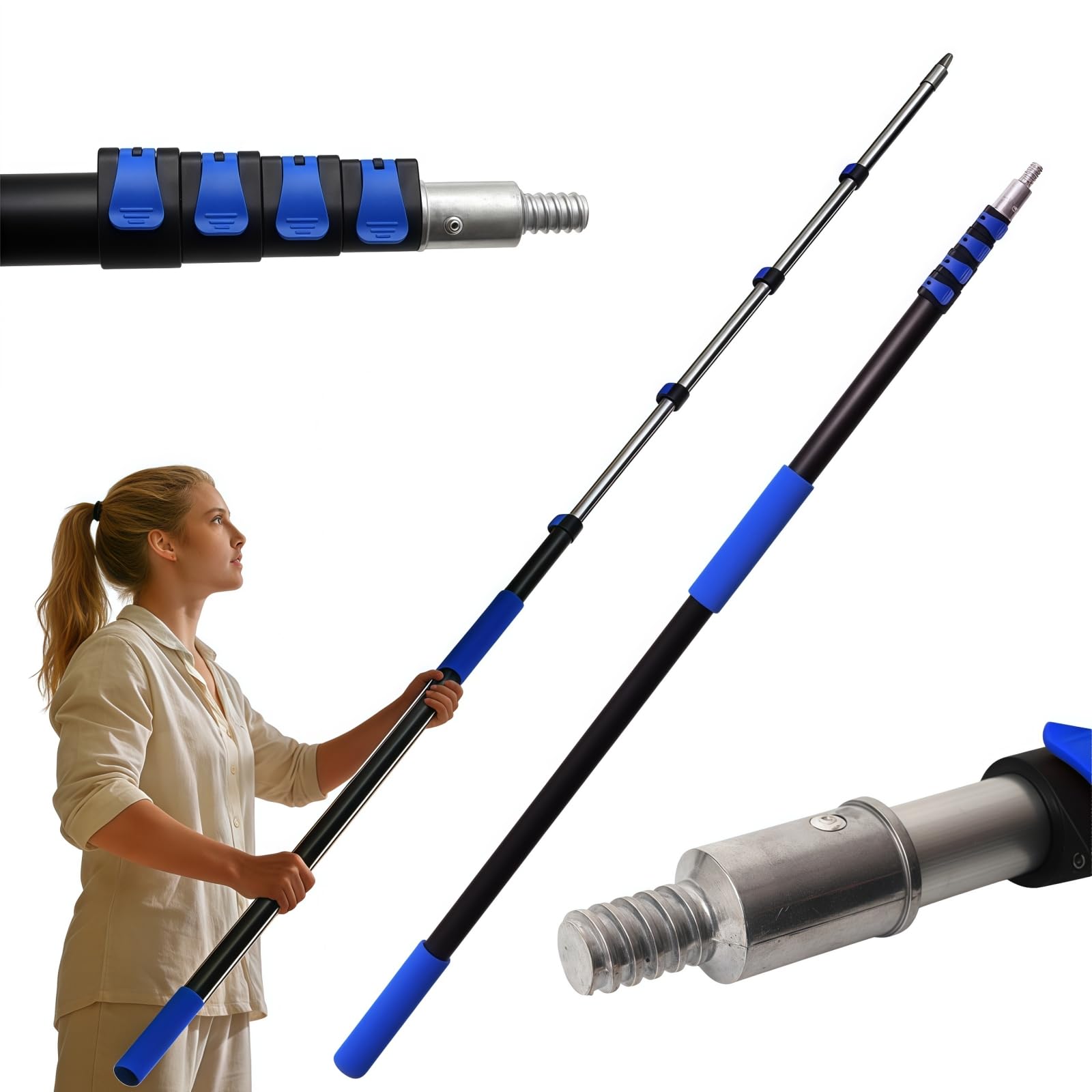 5-20ft telescoping pole, multi-purpose extension pole with easy flip lock, universal twist-on metal tip, lightweight sturdy aluminum paint roller extension pole for painting, window cleaning