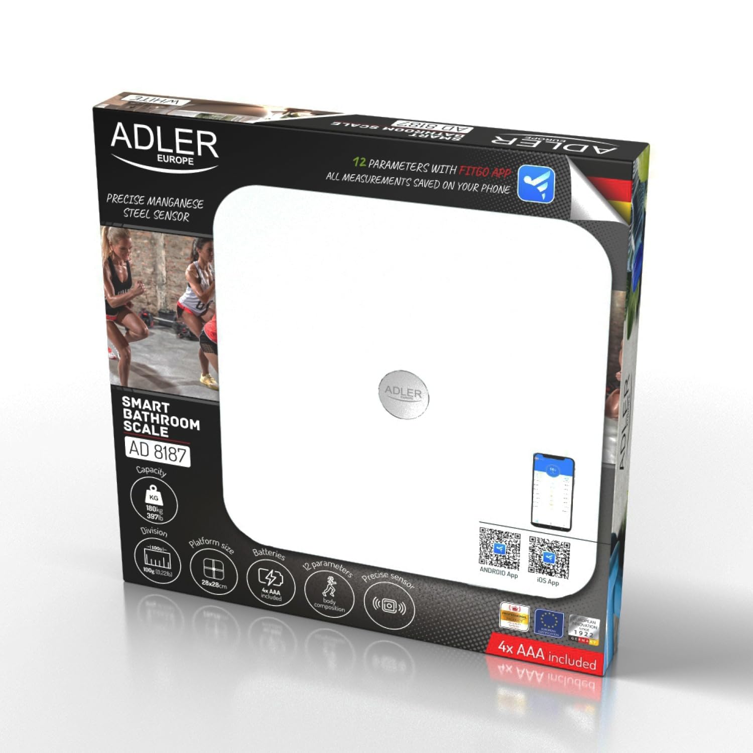 ADLER Báscula corporal inteligente blanca - 12 parámetros de salud, capacidad de 180 kg