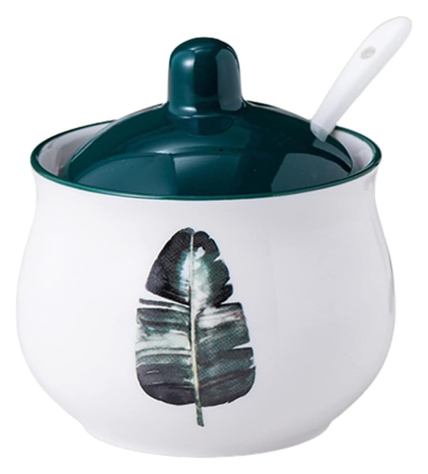 Sucrier, sucrier, sucrier nordique avec couvercle, pot de rangement à motif de plante verte, sucrier en porcelaine, pot à épices, pot à sel, for café, restaurant, maison(Green3)