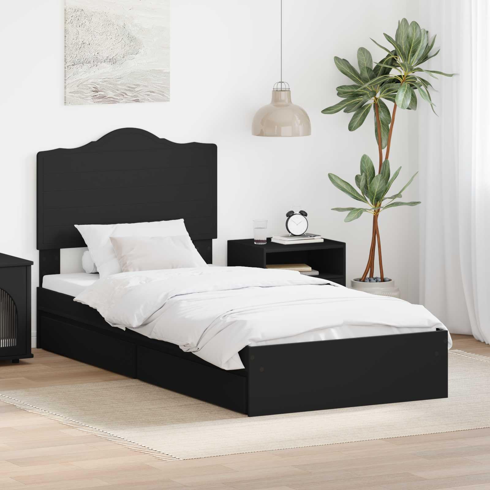 vidaXL Storage Bed with Headboard Black 90 x 190 cm Engineered Wood, Modern, Rectangular Bed Frame for Stylish Sleeping Space, Durable Engineered Wood Platform, Customized Width Solution