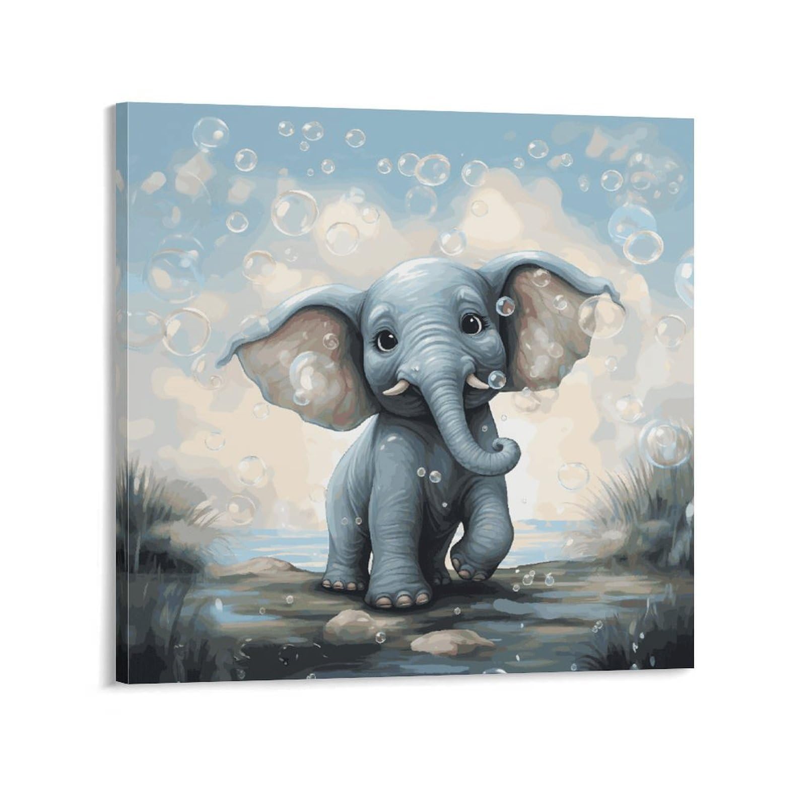 KLOPH Cute Elephant Play Bubbles Canvas Wall Art for Living Room 08x8inch Modern Artwork Painting for Bathroom Hanging Canvas Prints Aesthetic Wallart for Bedroom Kitchen Office Wall Decor