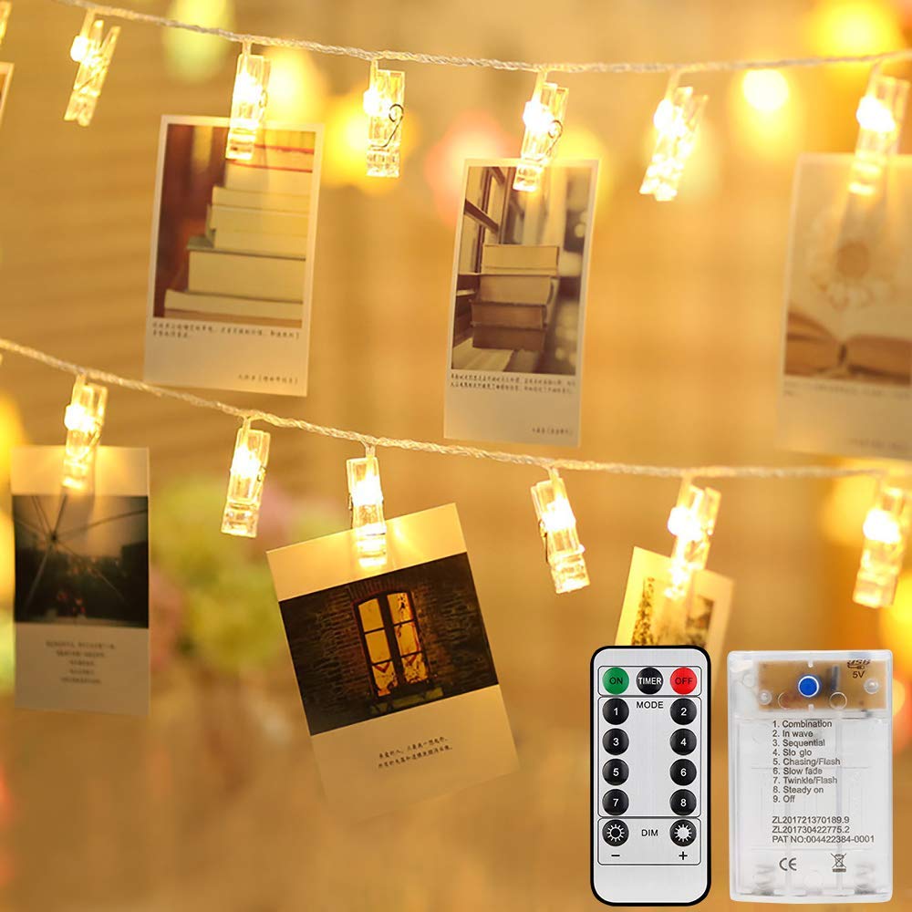 Luci A Stringa Con Clip ZAIYW 6m 40 LED Bianco Caldo – Timer 8 Modalità Alimentate A Batteria – Per Foto E Decorazioni