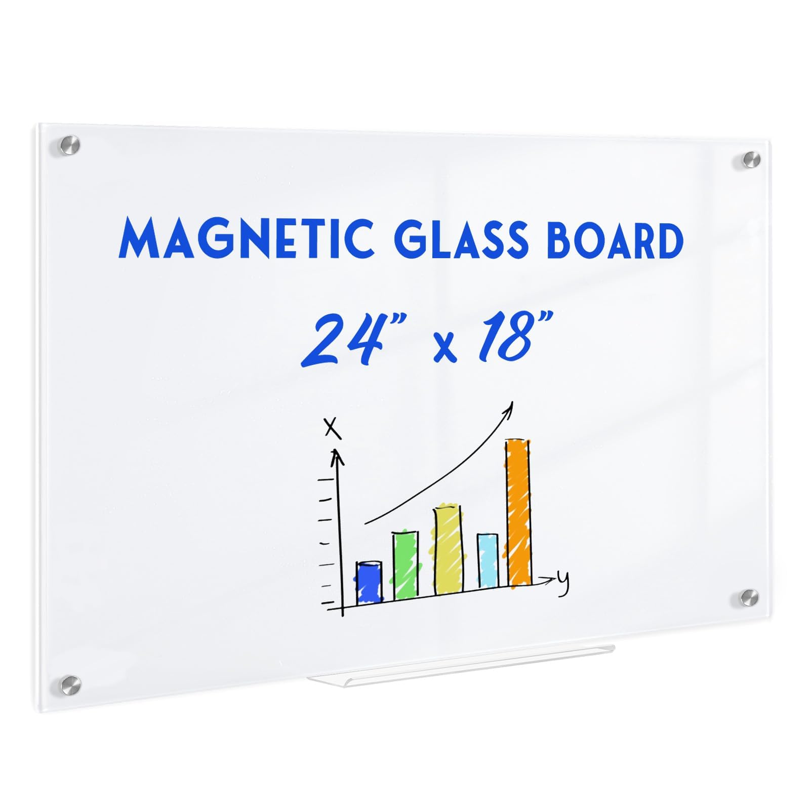 QUEENLINK Magnetic Glass Whiteboard, 24" x 18" Dry Erase Board for Wall, Frameless White Board with 1 Marker Tray and 3 Magnets for Office, Home,